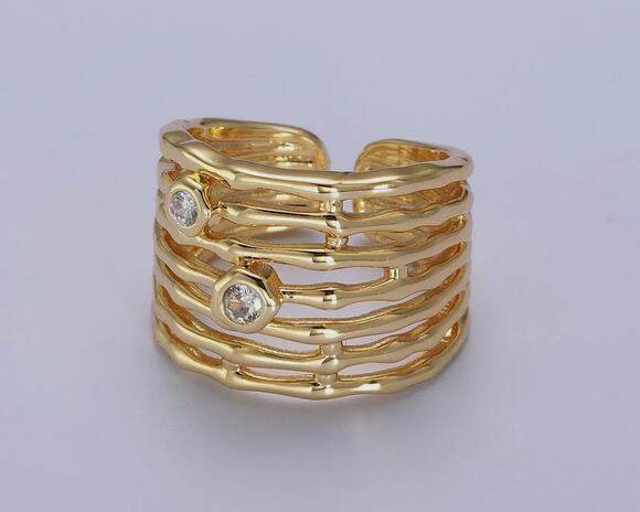 AIM Jewelry - 14K Gold Plated Wide Multiple Bamboo Geometric CZ Band Statement RingAdjustable